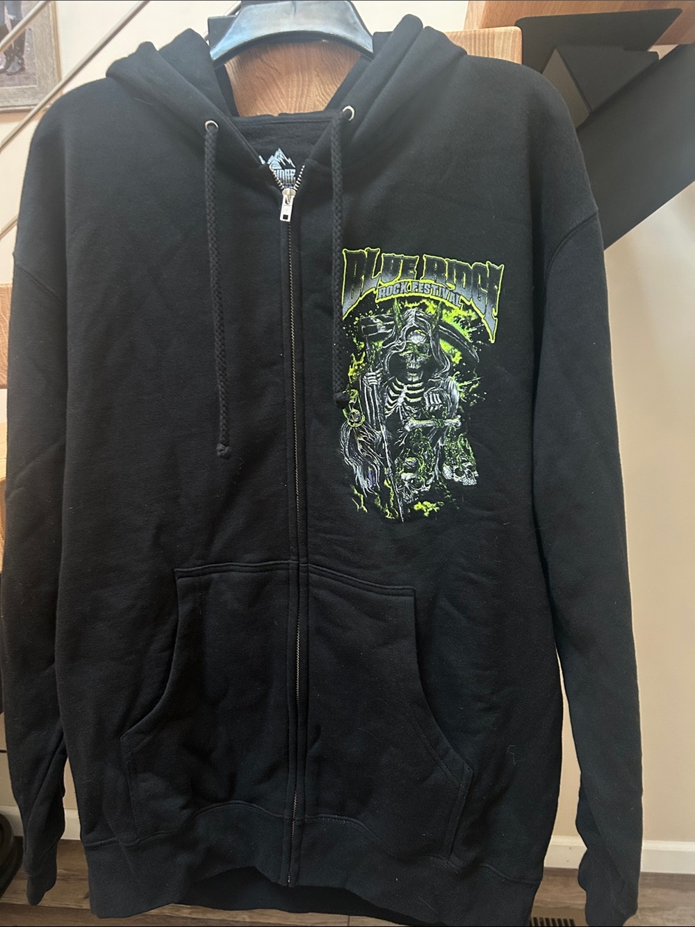Black Graphic Zip-Up Hoodie with Neon Green Print